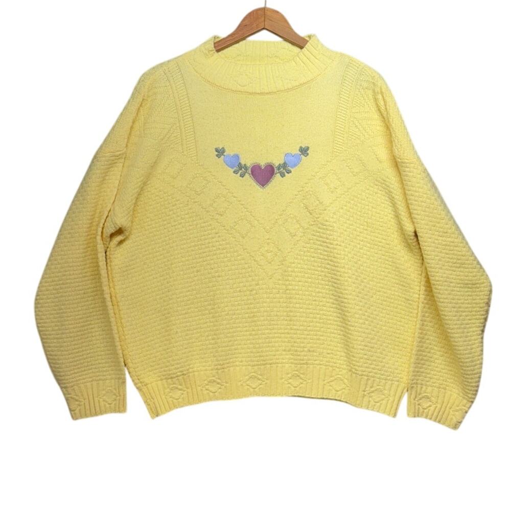 Liz Thomas Vintage Cottage Granny Yellow Embroidered Heart Pullover Sweater XL